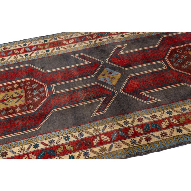Textile Vintage Caucasian Kazak Wool Runner Rug With Double Eagle Motif & Charcoal Field For Sale - Image 7 of 9