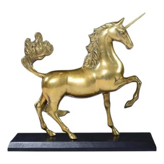 Large Brass Unicorn Sculpture Figurine on Black Wood Base Nearly 22 Inch For Sale