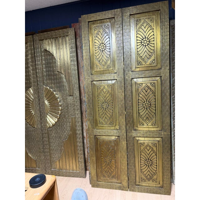 Wood Vintage Hand-Hammered Brass-Clad Double Doors | Architectural Statement Pair 80x36 For Sale - Image 7 of 9