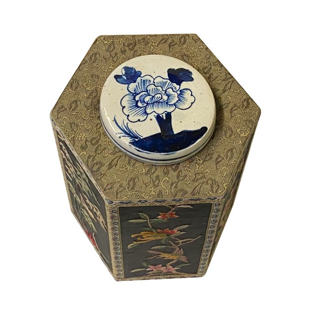 Chinese Black Hexagon Container Flower Birds Embroidery Porcelain Cover For Sale - Image 10 of 11