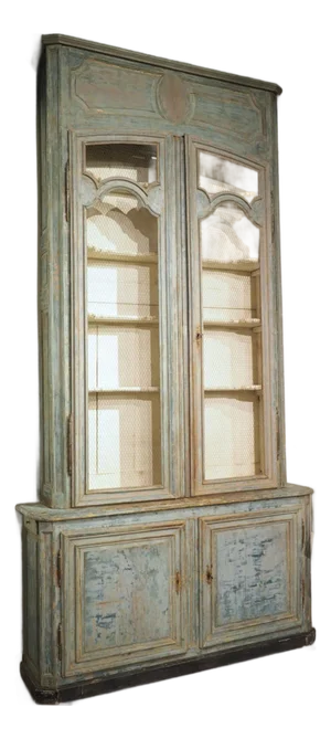 Monumental 18th Century Hand Scraped and Painted French Buffet Deux Corps Bibliotheque