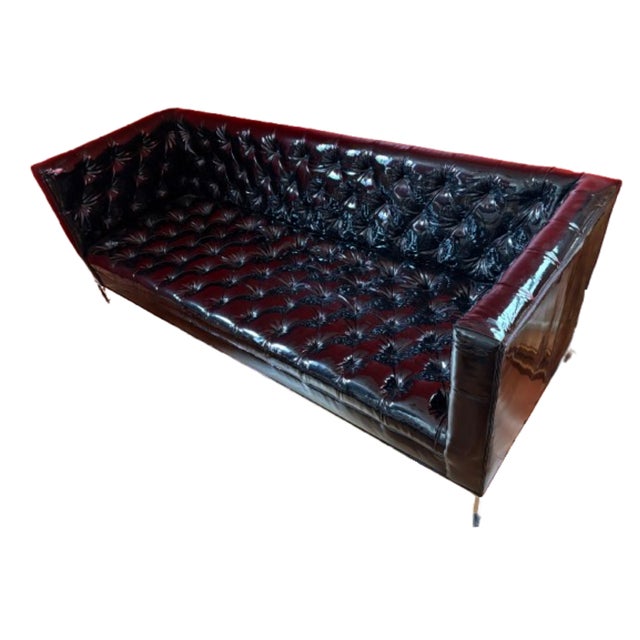 Custom Edelman Patent Leather Tuxedo Sofa For Sale