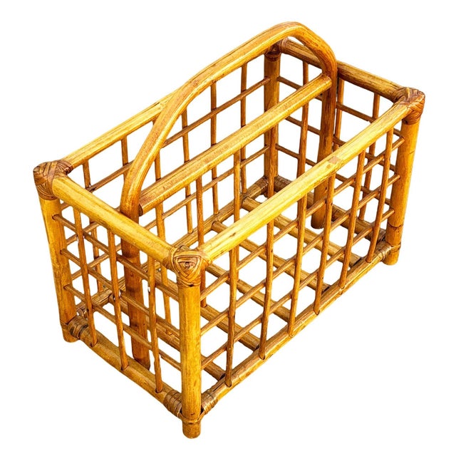 Mid-Century Modern Restored Mid 20th Century Geometric Reed Rattan Pattern Rattan Magazine Rack For Sale - Image 3 of 9