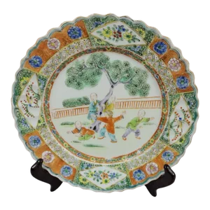 Antique Chinese Famille Verte Medallion Scalloped Plate With Boys, Early Republic Period