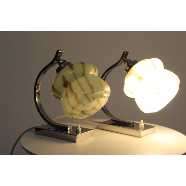 Chrome-Plated Brass and Marbled Opal Glass Table Lamps, 1930s, Set of 2 For Sale - Image 11 of 15