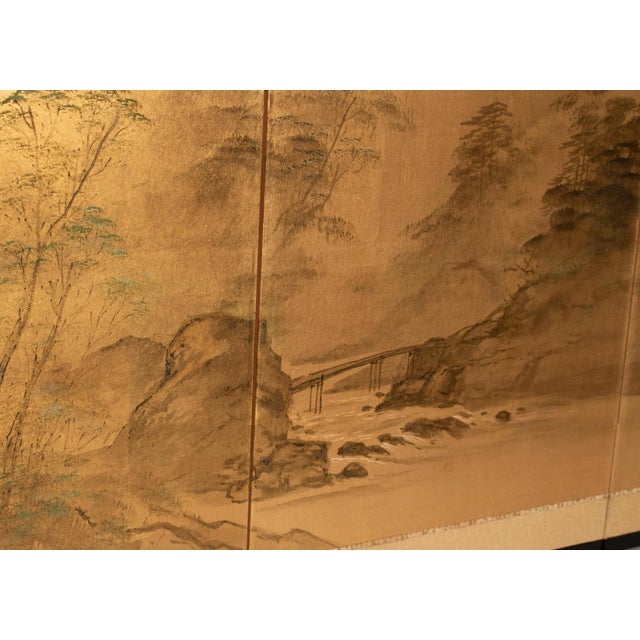 1960s Shōwa Era Japanese Byobu Screen "Landscape With Bridge" on Gold Background For Sale - Image 13 of 18