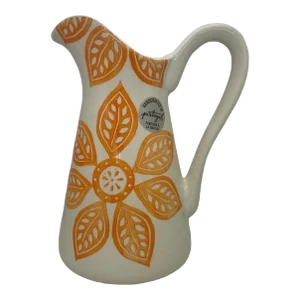 21st Century Farval Portugal Handcrafted White Ceramic Pitcher With Groovy Orange Flowers
