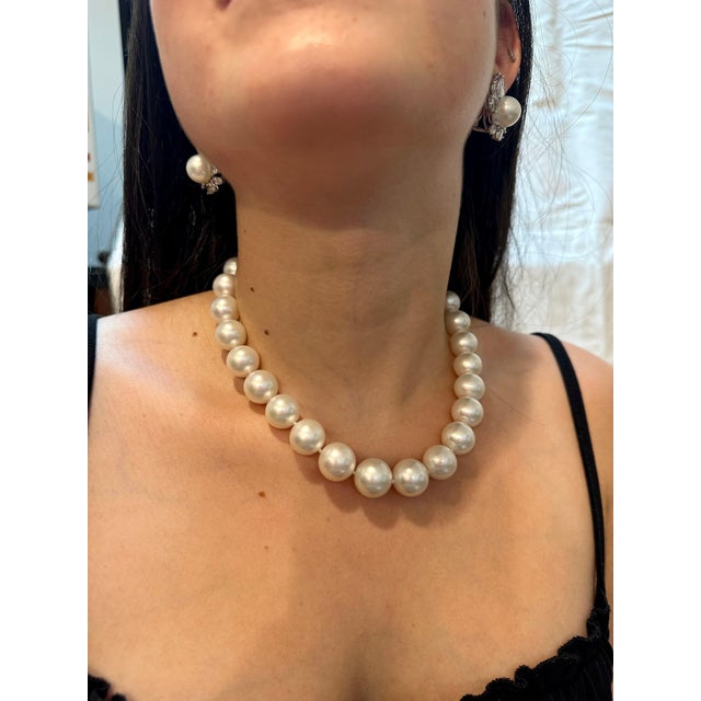 13-16 mm White South Sea Round Pearl Necklace - AAA Quality, 27 Pieces , full diamond Diamond Ball clasp in 18 karat white...