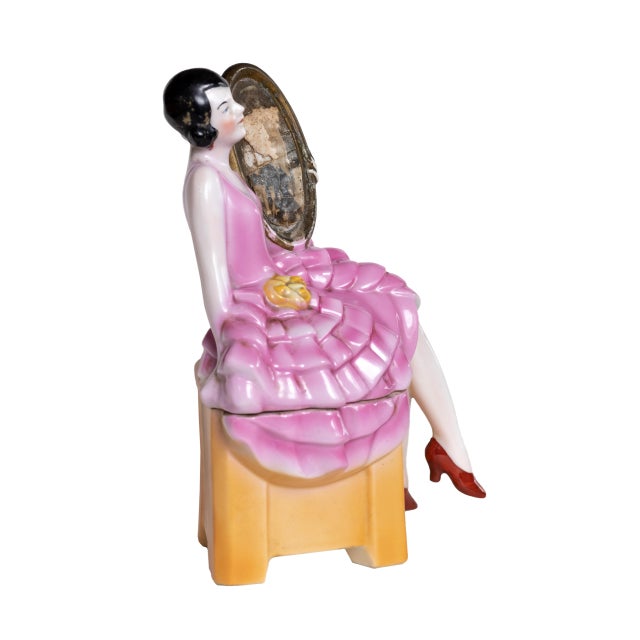 Art Deco Porcelain Powder Jewelry Box with Woman, 1930s For Sale - Image 6 of 12