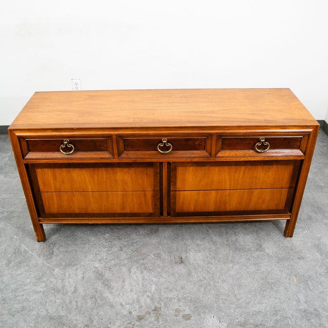 Brown Mid Century Modern Dresser Credenza 7 Drawer Basic Witz Wood Vintage MCM Brass For Sale - Image 8 of 12