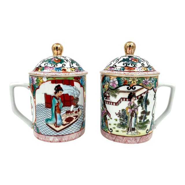 Mid-Century Famille Rose Porcelain Covered Mugs - a Pair For Sale