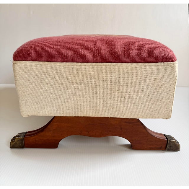 Wood Vintage Large Floral Needlepoint Footstool Ottoman With Wood and Brass Clawfeet For Sale - Image 7 of 12