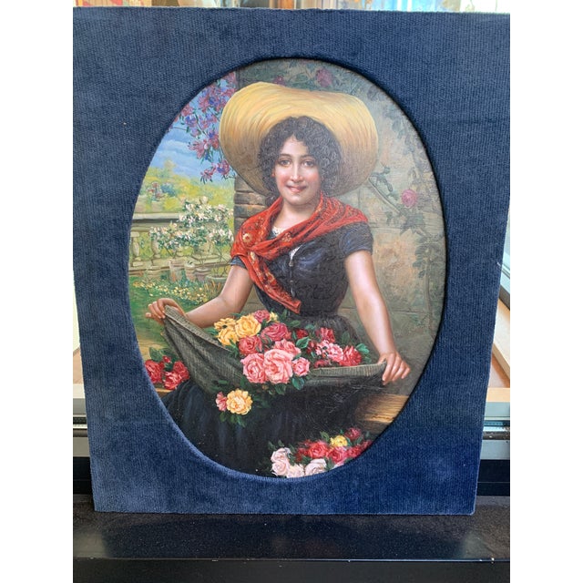 Late 19th Century Vintage Original Oil Painting Romantic Flower Girl With Roses, Oval Presentation in Custom Fabric Mount For Sale - Image 5 of 9