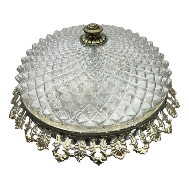 Vintage French Crystal Glass Dome Ceiling Light with Ornate Metal Frame For Sale