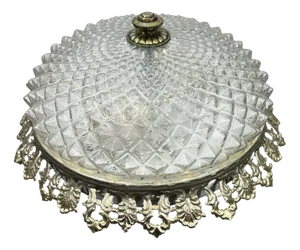 Vintage French Crystal Glass Dome Ceiling Light with Ornate Metal Frame