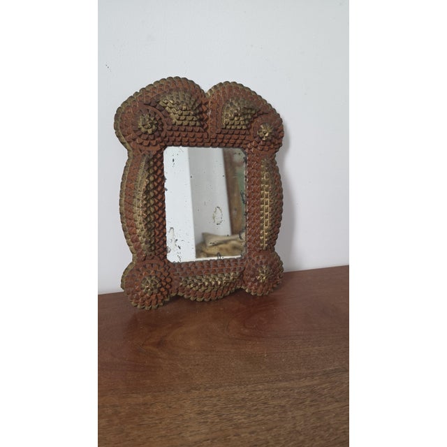 Antique Tramp Art Mirror, Folk Art Carved Wood Mirror, Rustic Americana Wall Decor, Hand Carved Wooden Frame For Sale - Image 11 of 15