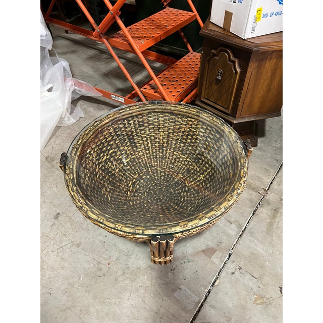 1970s Bamboo Drum Glass Top Coffee Table For Sale - Image 4 of 5