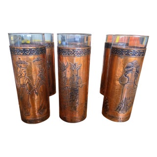 Antique Mexican Glasses With Brass Covers - Set of 6 For Sale