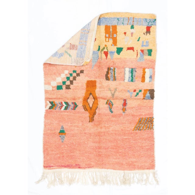 Mid Century Moroccan Rug 4'1" x 5’10". Comprising both the nomadic Berber rugs of the Atlas Mountains, with very thick...