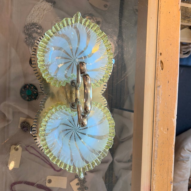 Late 19th Century Heart Vaseline Glass Bowls in Silver Plated Tray. Victorian Brides Basket For Sale - Image 9 of 9