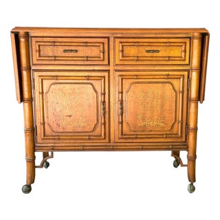 Vintage Mid-Century Dixie "Aloha" Faux Bamboo Drop-Leaf Buffet Server & Bar Cart For Sale
