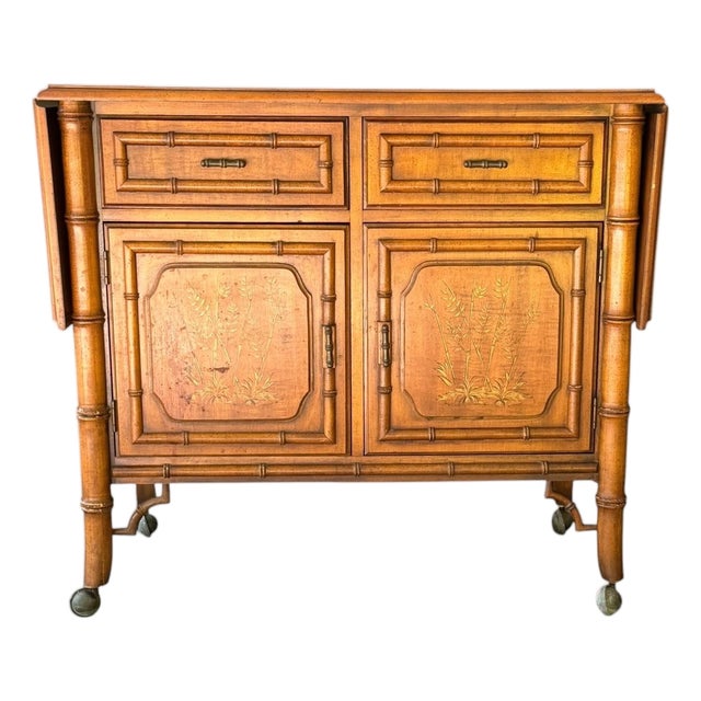 Vintage Mid-Century Dixie "Aloha" Faux Bamboo Drop-Leaf Buffet Server & Bar Cart For Sale