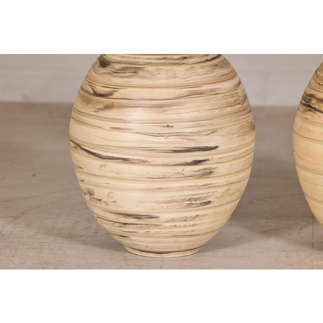 Late 20th Century Late 20th Century Large Artisan Ceramic Floor Vases with Cream and Brown Swirled Glaze (Sold Each) For Sale - Image 5 of 18