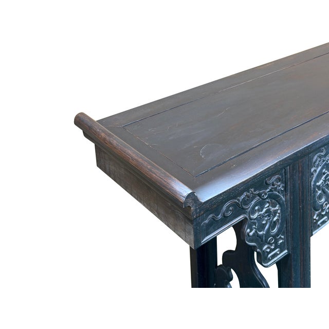 Vintage Rosewood Dark Brown Black Stain Dragon Relief Carving Altar Table For Sale - Image 10 of 12