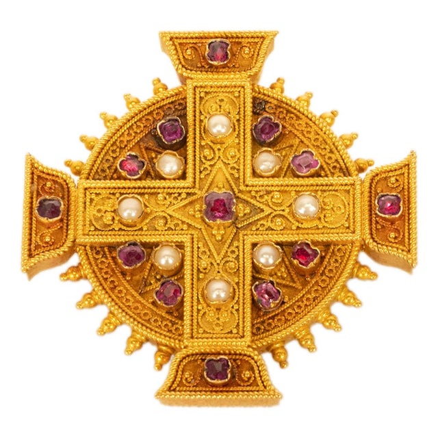 Late 19th Century Antique Italian Etruscan Revival 22k Gold Brooch Rubies & Pearls Marchesini 1870 For Sale - Image 5 of 16