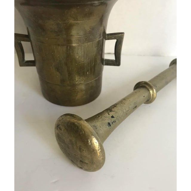 Indian Antique Heavy Brass Mortar and Pestle Set For Sale - Image 3 of 8