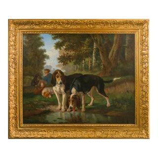 Signed Joost-Vincent De Vos 19th Century Oil Painting Depicting Hounds and Boy For Sale