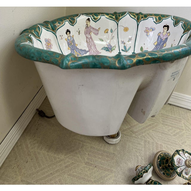 Vintage Sherle Wagner Chinoiserie Hand-Painted Porcelain Sink & Gilt Faucet Set For Sale - Image 9 of 16
