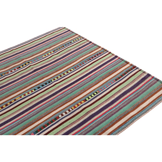 Rug & Kilim 1950s Vintage Chaput Kilim Rug in Seafoam, Multicolor Stripe Patterns For Sale - Image 4 of 7