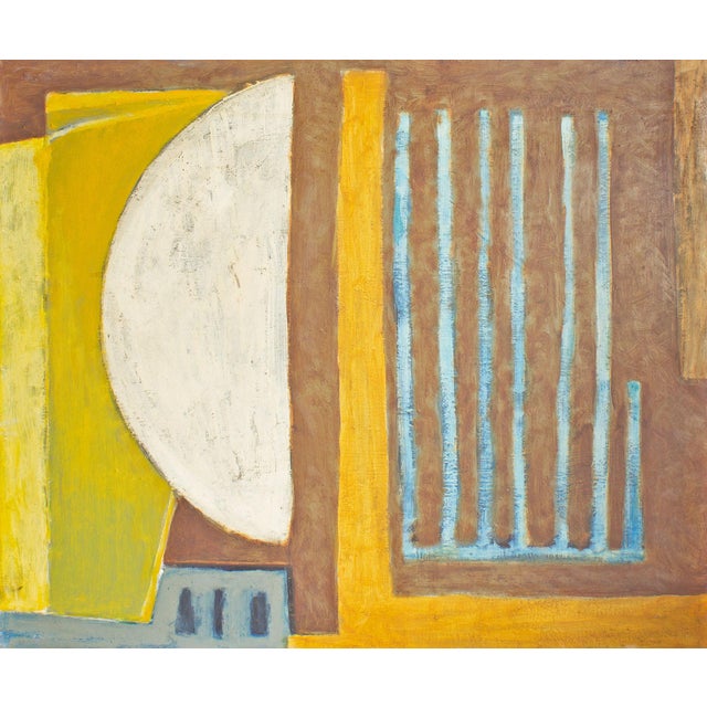 A 1950s oil on board painting by the American artist Charles Mussett. This abstract work depicts a variety of shapes and...