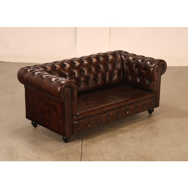 English Chesterfield Style Tufted Brown Leather Sofa For Sale - Image 3 of 18