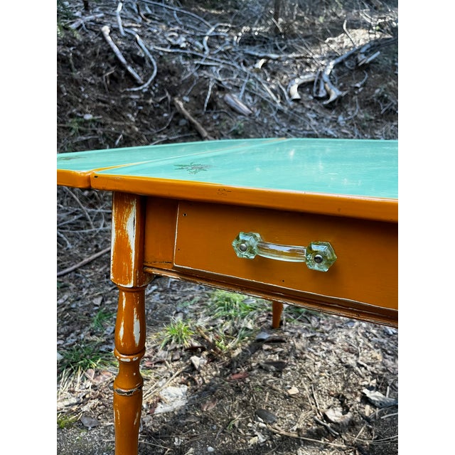 Wood Vintage 1930's / 40's Mint Green Enamel Top Farmhouse Kitchen Table For Sale - Image 7 of 8