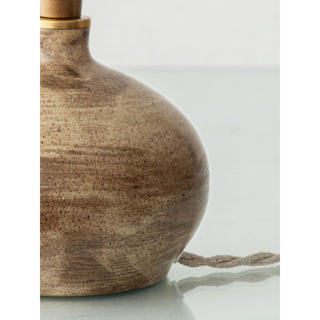 20th Century Modern French Studio Pottery Stoneware Table Lamp with Rattan Shade, 1950s For Sale - Image 14 of 15