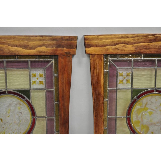 Wood Antique French Art Nouveau Stained Leaded Glass Windows With Birds - A Pair For Sale - Image 7 of 12