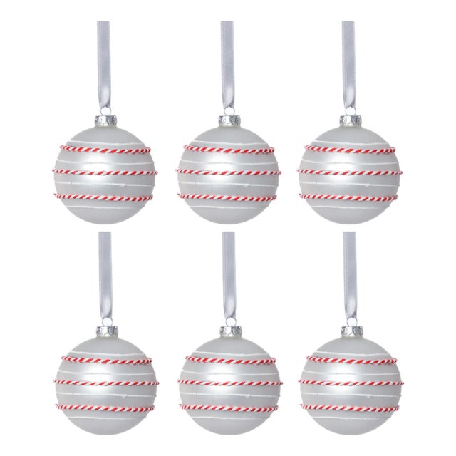 Matte Ball Ornaments with White & Red Rope, Set of 6, White, 3.25" For Sale