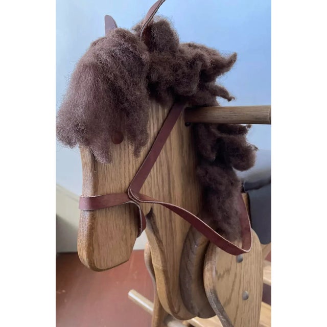 Wooden Rocking Horse Handcrafted Wood With Leather Seat Harness For Sale - Image 4 of 6