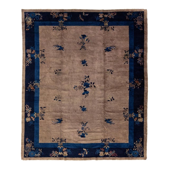 Art Deco Chinese Floral Designed Wool Rug Antique Handmade in Light Brown For Sale