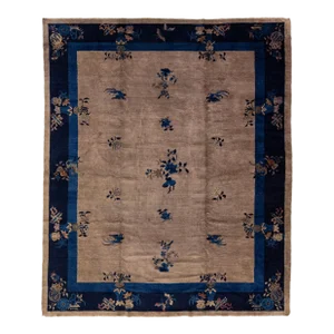 Art Deco Chinese Floral Designed Wool Rug Antique Handmade in Light Brown