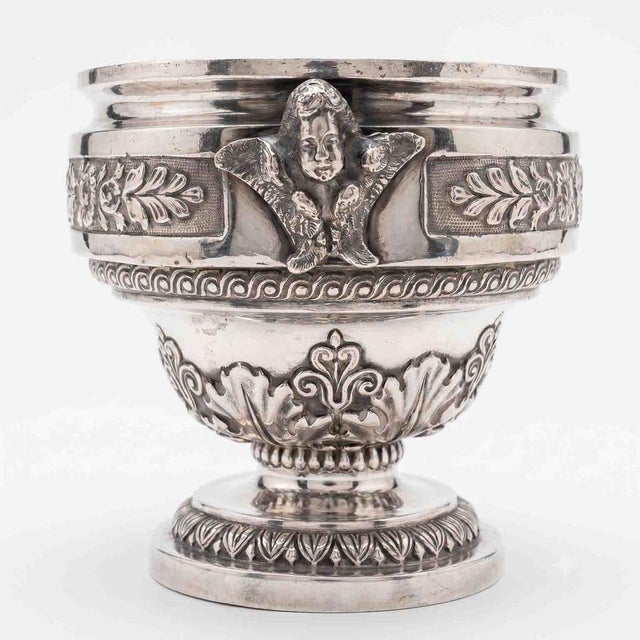 Antique Brescian Silver Vase. Originally the base of a thurible, it was made of embossed, chased, and engraved silver. It...