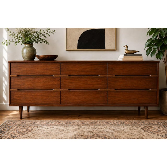 Mid 20th Century 1960s Mid-Century Modern Walnut 9-Drawer Lowboy Dresser, Danish Modern Style For Sale - Image 5 of 9