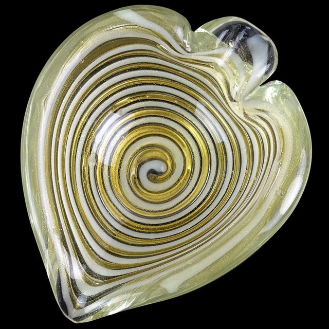 Beautiful vintage Murano hand blown white and gold flecks Italian art glass heart shaped bowl. Documented to the Barovier...