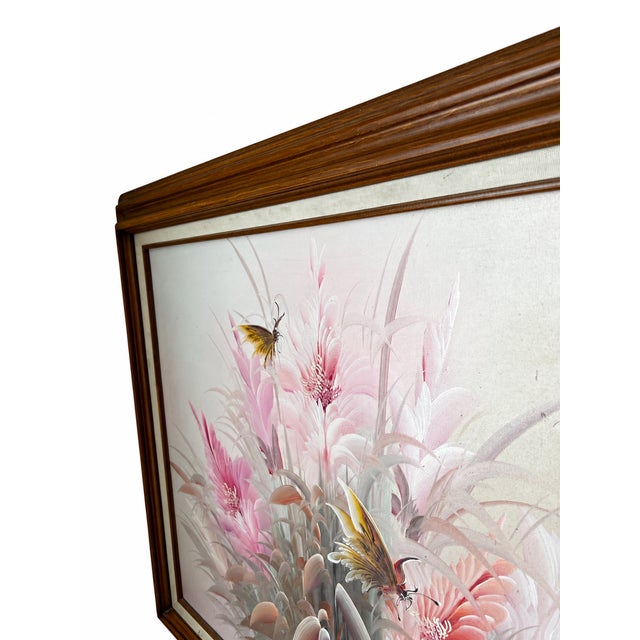 Wood Vintage Signed Pastel Floral & Butterfly Oil Painting in Wood Frame For Sale - Image 7 of 13