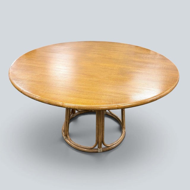Vintage Round Dining Table in Oak and Bamboo, 1970s For Sale - Image 9 of 9