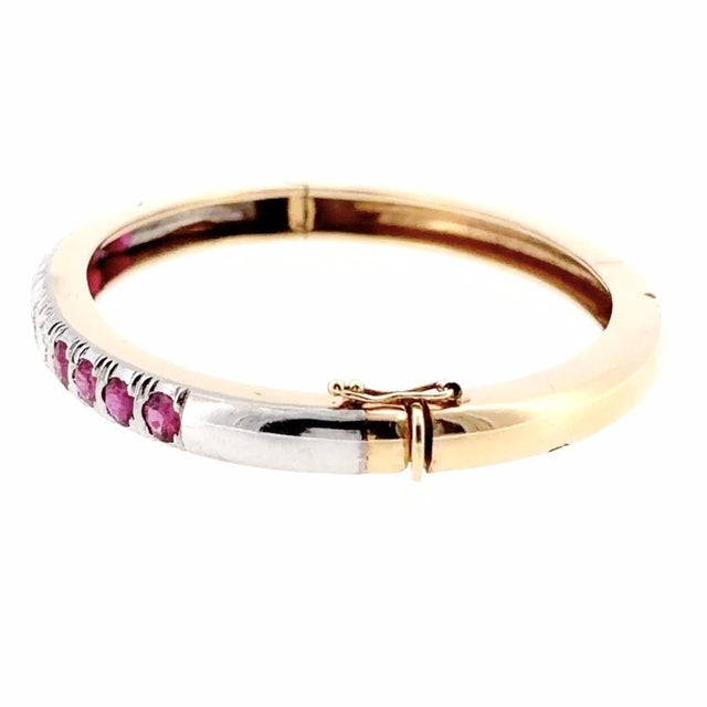 Vintage 14k Gold Ruby and Diamond Hinged Bangle Bracelet For Sale - Image 4 of 7