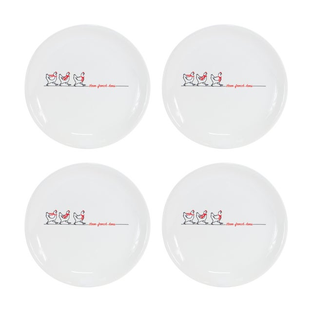 Modern Stoneware Three French Hens Holiday Plate (Set of 4) For Sale - Image 3 of 6