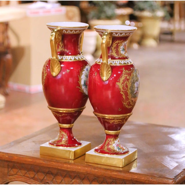 Ceramic Pair of 19th Century French Neoclassical Hand Painted “Porcelaine De Paris” Urns For Sale - Image 7 of 14